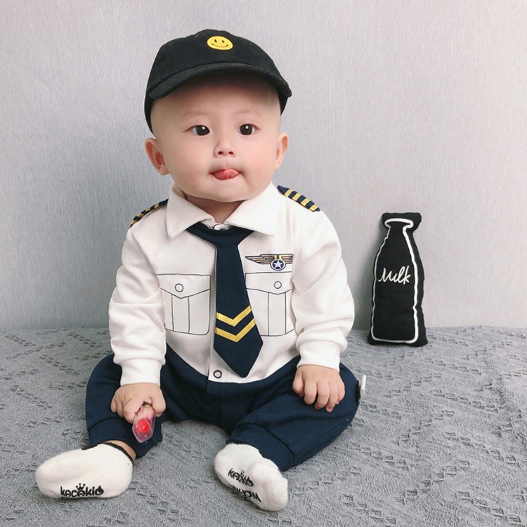 Áo Liền Quần Tay Dài In Hình Thuyền Trưởng One piece Vải Cotton Thời Trang Mùa Thu Cho Bé Trai Sơ