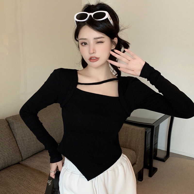 Áo Thun Dài Tay Cổ Vuông Thiết Kế Không Đồng Đều Phong Cách Mới Cho Nữ