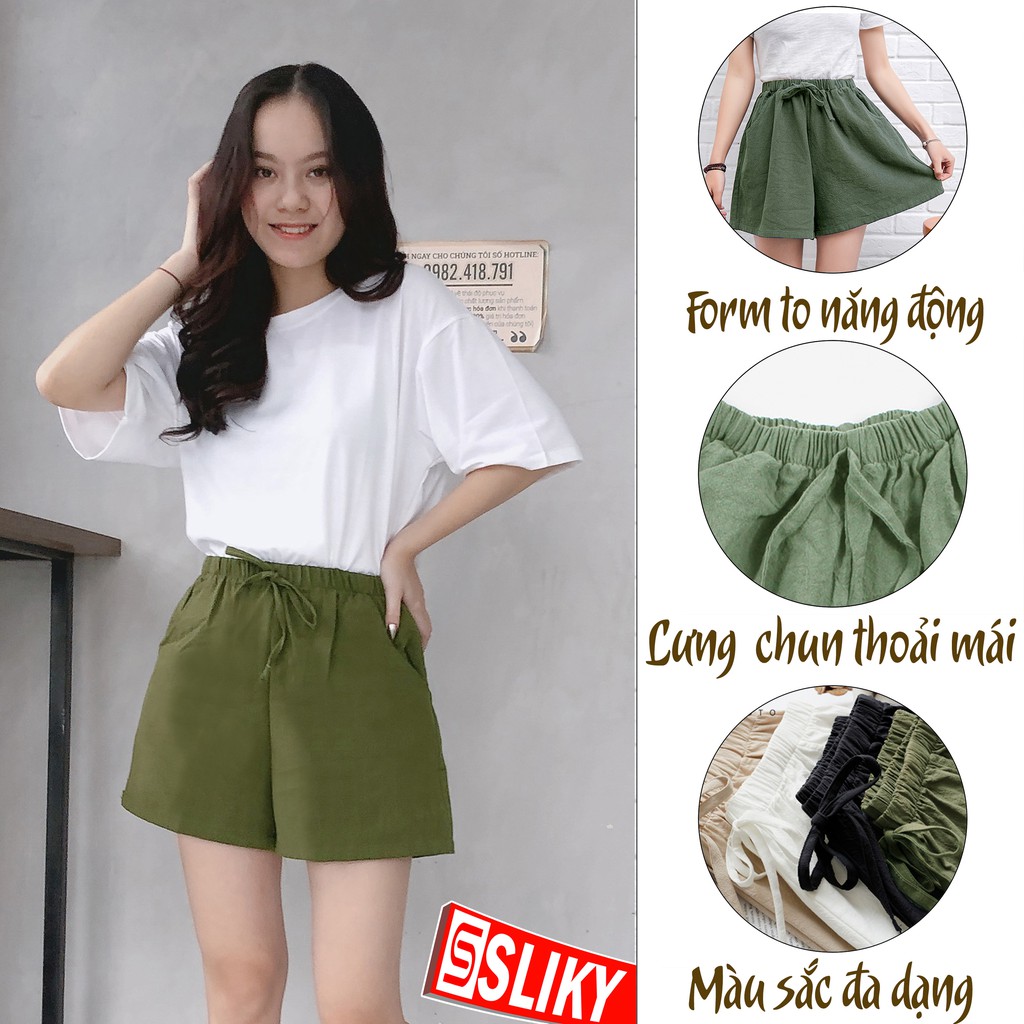 Quần shorts nữ đẹp ống rộng cạp chun chất đũi - QDD - SLIKY