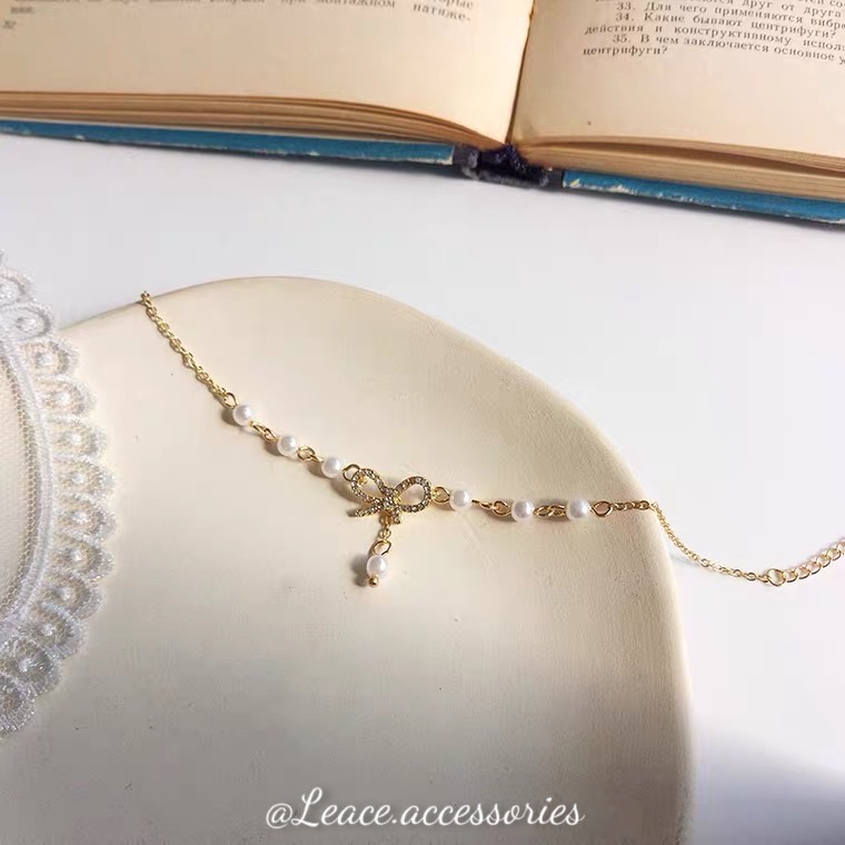 Vòng tay nữ, lắc tay nữ ngọc trai nhân tạo mặt nơ đính đá nữ tính BL019 Leace.accessories