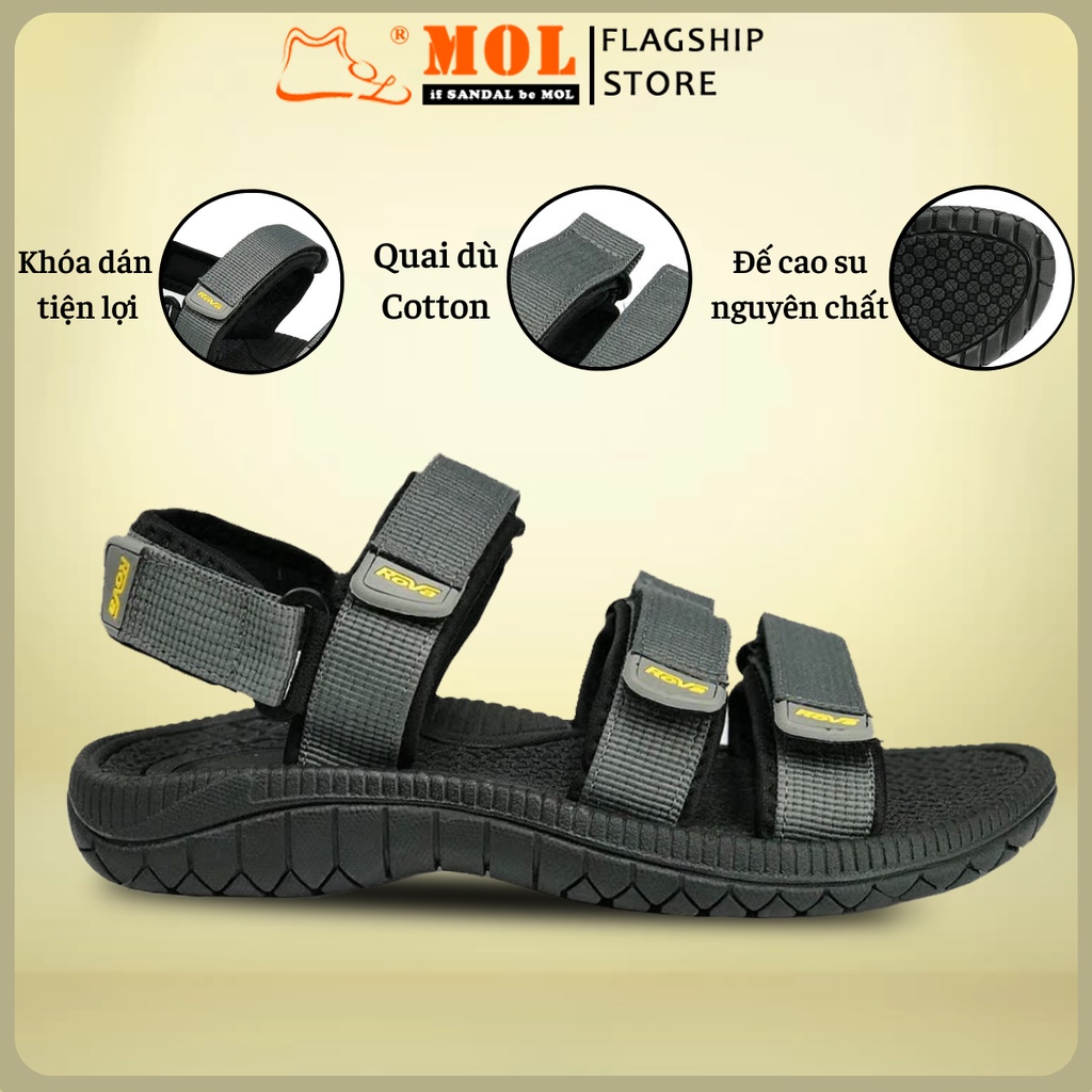 Giày sandal nam hiệu Rova siêu bền kiểu 3 quai ngang đế cao su quai dù đi học màu xám mã RV39-1