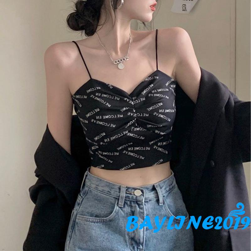 Áo lửng hai dây cổ chữ V họa tiết chữ độc đáo phong cách quyến rũ cho nữ