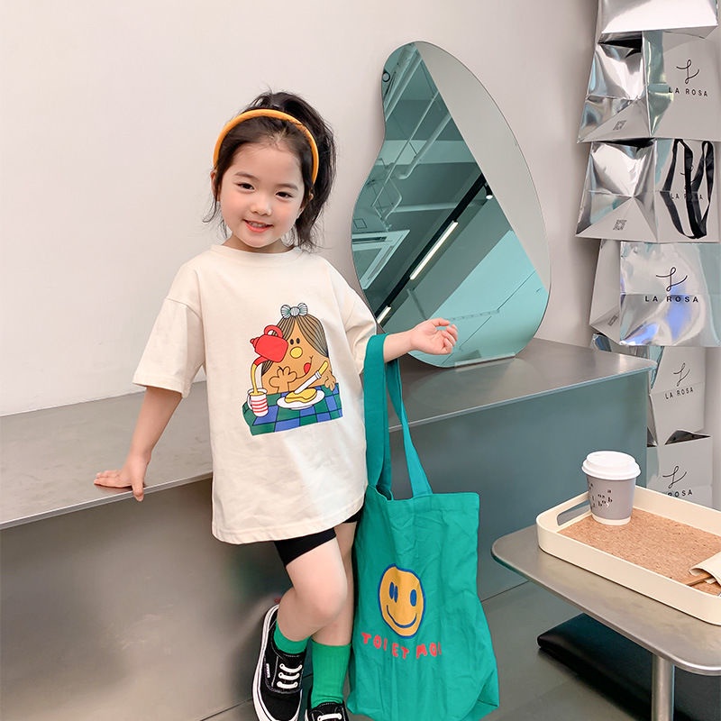 Áo Thun Cotton Tay Ngắn Dáng Rộng Thoáng Khí Co Giãn In Họa Tiết Hoạt Hình Dễ Thương Thời Trang Mùa Hè Cho Bé Gái 0614