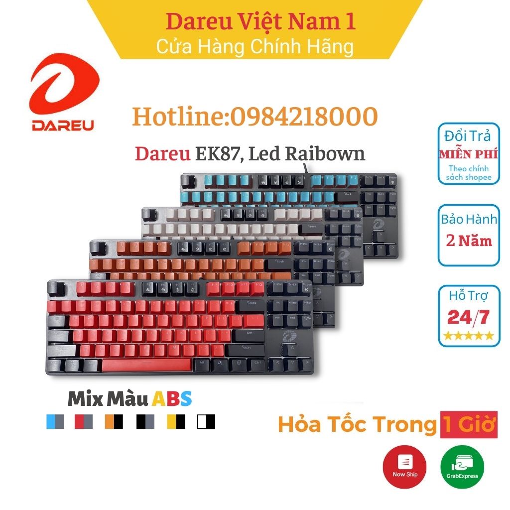 [Mã 44ELSALE2 giảm 7% đơn 300K] Bàn phím cơ Dareu EK87- Đèn led raibown - Mix keycap - Bảo hành 24 tháng - Lỗi 1 đổi 1