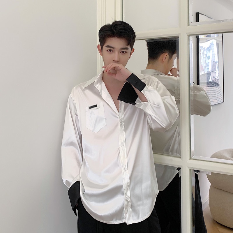 Áo Sơ Mi Lụa Satin Cao Cấp Tay Dài Màu Sắc Cà Vạt Phong Cách Hàn Quốc Cho Nam Giới