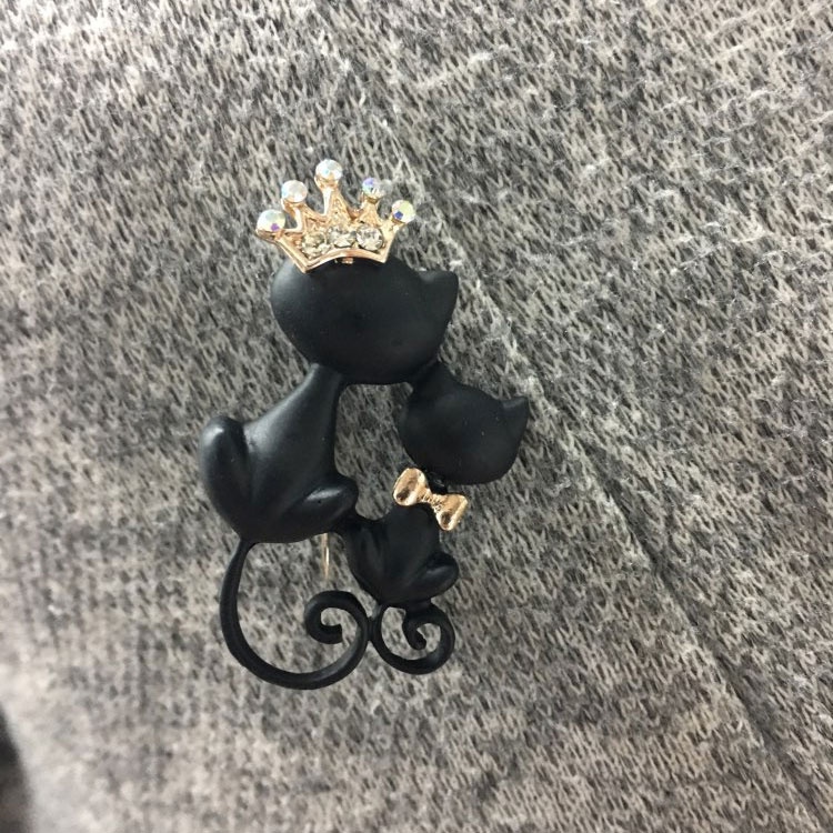 Ghim Cài Áo Hình Mèo Mẹ Và Con Gái Đội Vương Miện Đính Pha Lê Đen Mịn Màng