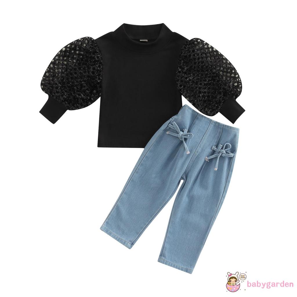 Bộ Áo Tay Phồng Cổ Tròn Màu Trơn + Quần Jean Buộc Dây Màu Trơn Thời Trang Cho Bé Gái 1-6 Tuổi