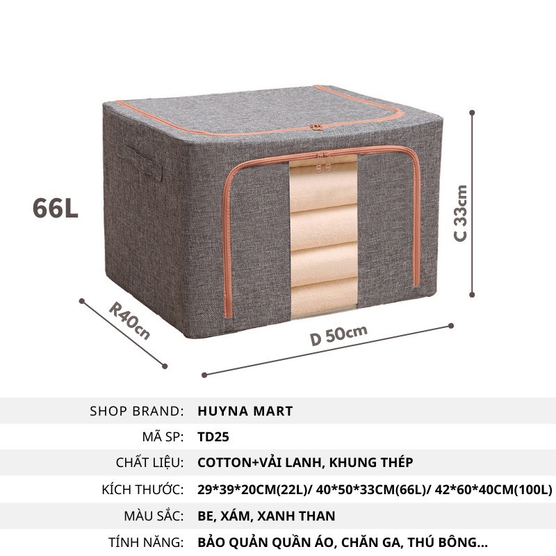 Hộp Đựng Quần Áo Khung Thép, Chất Liệu Vải Lanh Cao Cấp, Nhiều Dung Tích 24L-66L-100L, Có Thể Gấp Gọn Huyna Mart TD29