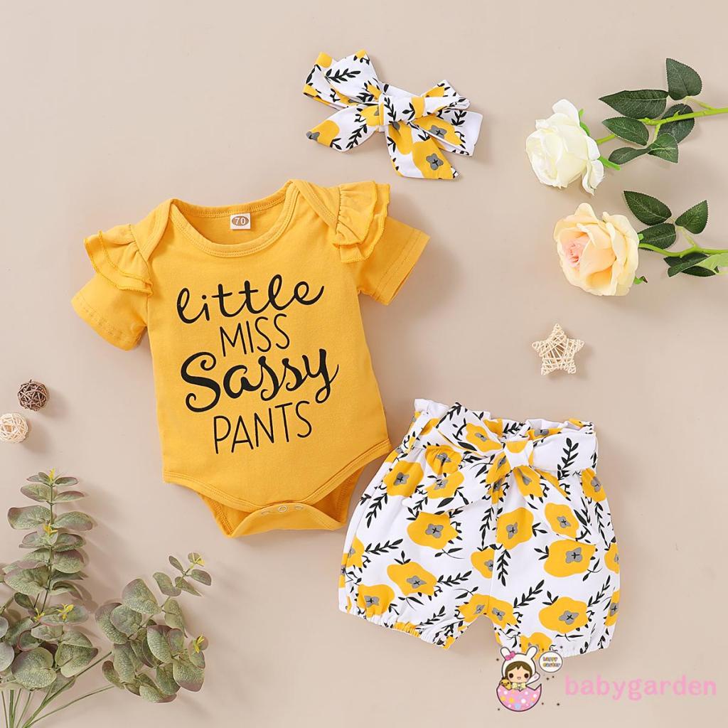 Bộ Áo Liền Quần Ngắn Tay In Chữ + Quần Short In Hoa + Băng Đô Cài Tóc Thời Trang Mùa Hè Cho Bé Gái 0-18 Tháng Tuổi