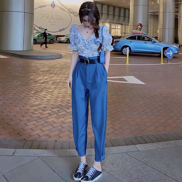 Sét áo sơ mi croptop+ quần kaki cao cấp hàng sẵn có bán lẻ