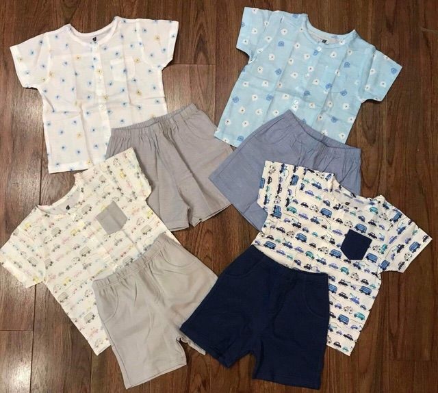 [Xả kho giá sốc] Bộ bé trai cúc giữa Lullaby BST Poplin  hình gấu size 6 tháng đến 4 tuổi