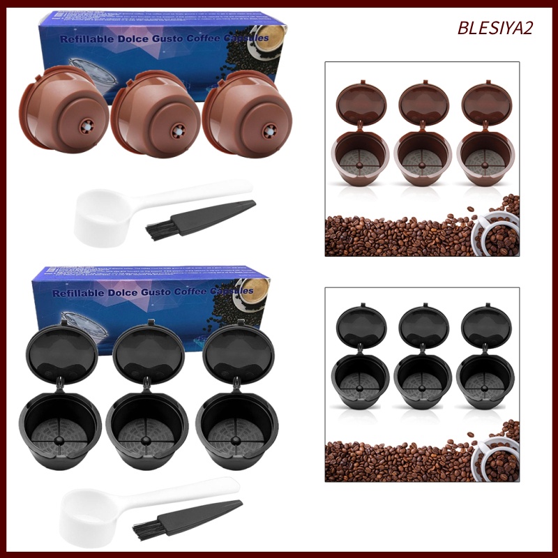 [BLESIYA2]3Pcs Reusable Coffee Capsule Filters with Spoon and Cleaning Brush