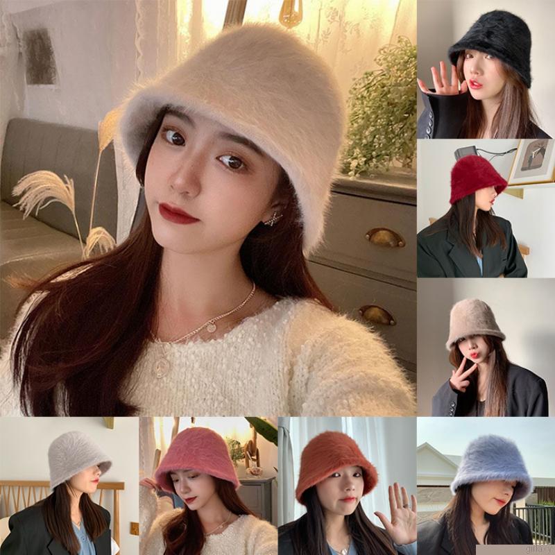 Mũ bucket nữ phối lông cừu giả dày dặn màu trơn thời trang phong cách Hàn Quốc