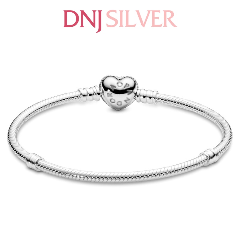 Vòng tay bạc 925 cao cấp - Mẫu vòng Sparkling Heart Pavé Clasp Snake Chain, có thể mix thêm hạt charm tùy thích
