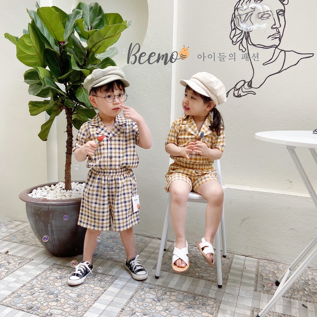 Quần áo trẻ em Beemo - Chất liệu tech Hàn thoáng mát, họa tiết phối kẻ caro lịch sự B052
