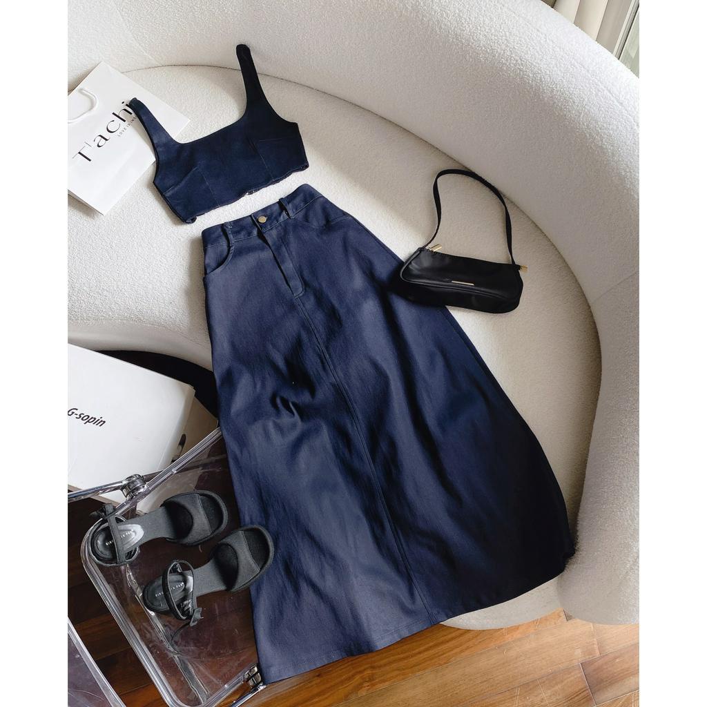 SET ÁO CROPTOP BRA JEAN 2 DÂY + CHÂN VÁY MIDI JEAN SUÔNG