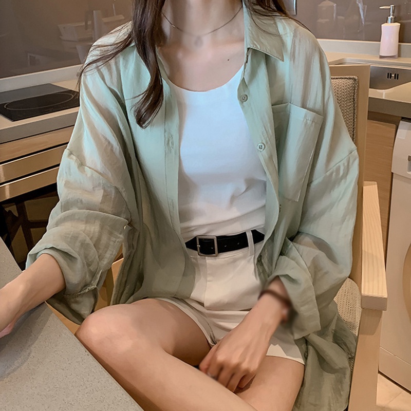 Áo sơ mi tay dài phối nút thiết kế oversized cho phái nữ