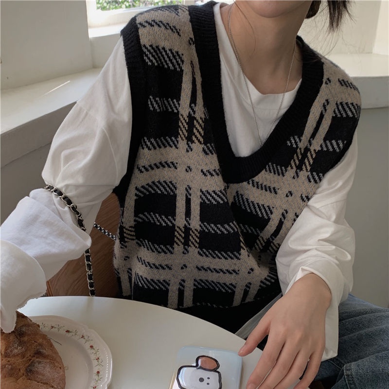 Áo không tay dệt kim dáng rộng cổ chữ V họa tiết kẻ ô thời trang mùa thu dành cho nữ | BigBuy360 - bigbuy360.vn