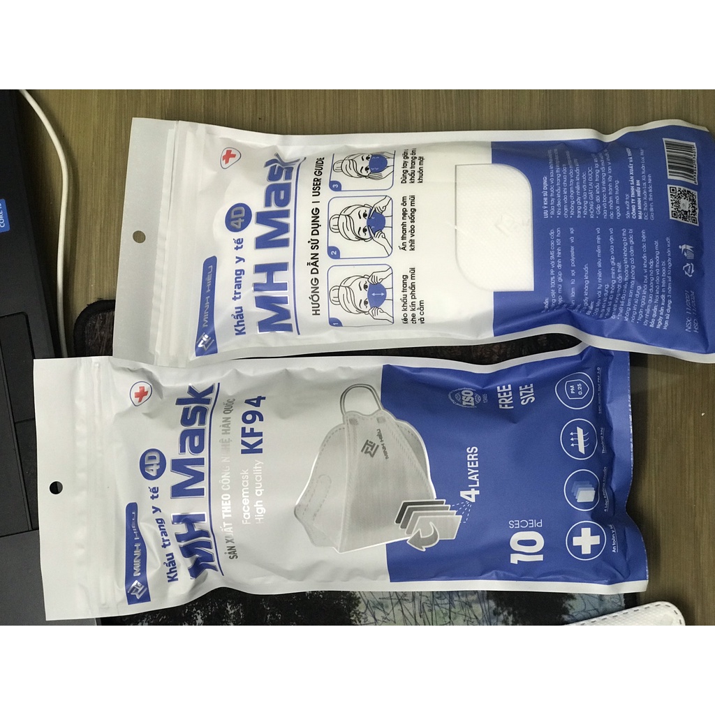 Khẩu trang KF94 3D Minh Hiếu gói 10 Chiếc tiêu chuẩn hàn quốc 4 lớp chính hãng MH1