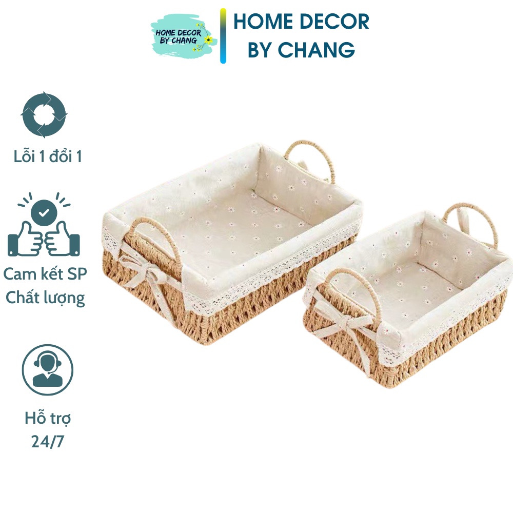 Giỏ cói lót vải chụp ảnh sản phẩm, đựng mỹ phẩm, đồ văn phòng phẩm decor xinh xắn Hình chữ nhật có quai [CÓ GIÁ SỈ]