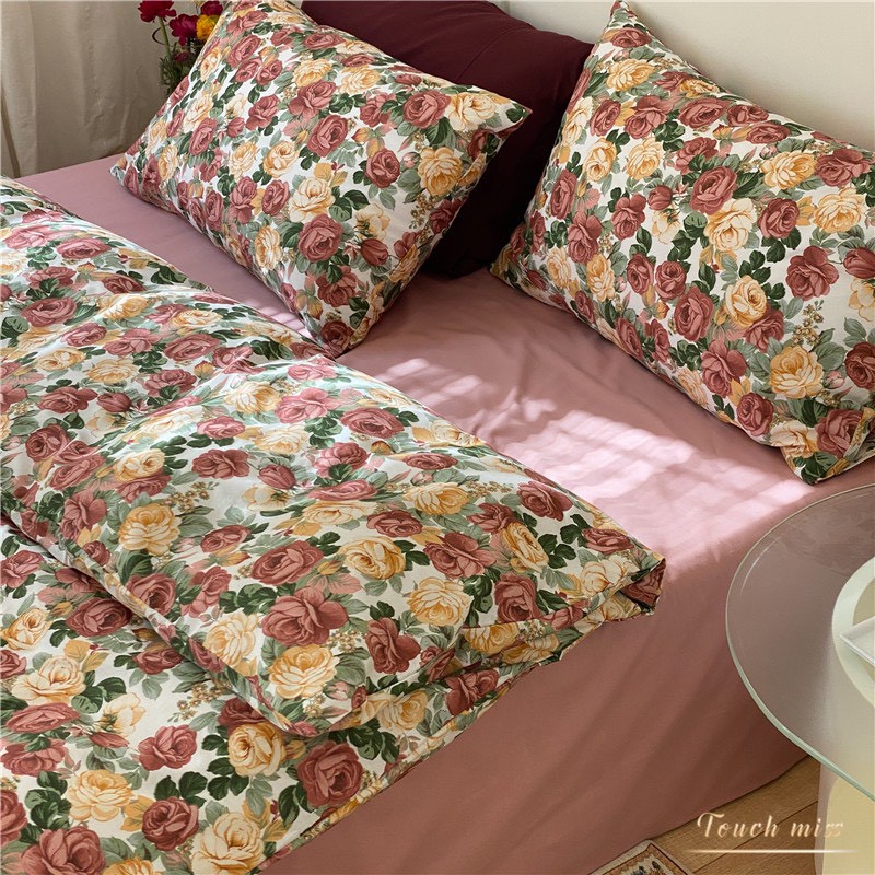 Bộ Chăn Ga Giường Và Vỏ Gối Hoa Pháp Vintage Cotton Living 100% Dày Dặn Thoáng Mát bọc nệm freesize Sunny Bedding
