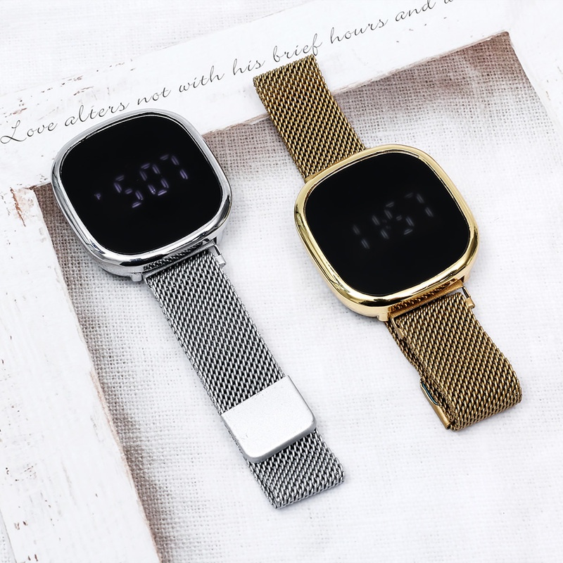 Đồng Hồ Điện Tử Mặt Vuông Có Đèn LED Dây Inox Màu Vàng/Đen Phong Cách Thể Thao Thời Trang Unisex