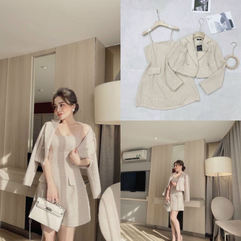S272 Set Vest, Gồm Váy 2 dây dáng chữ A sang trọng lịch sự phối Áo vest dáng ngắn hai lớp cao cấp