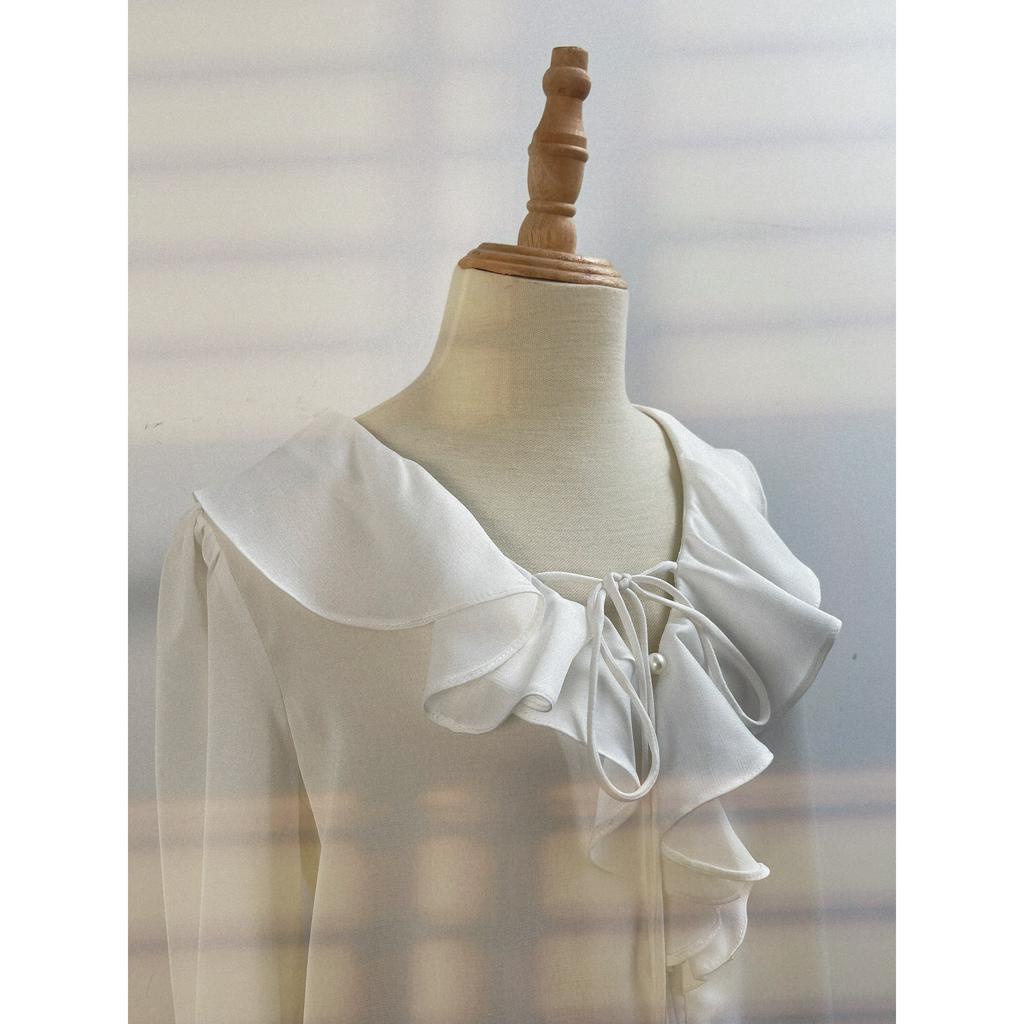 Áo sơ mi trắng công sở cổ bèo thắt nơ chất voan tiểu thư phong cách retro Pháp