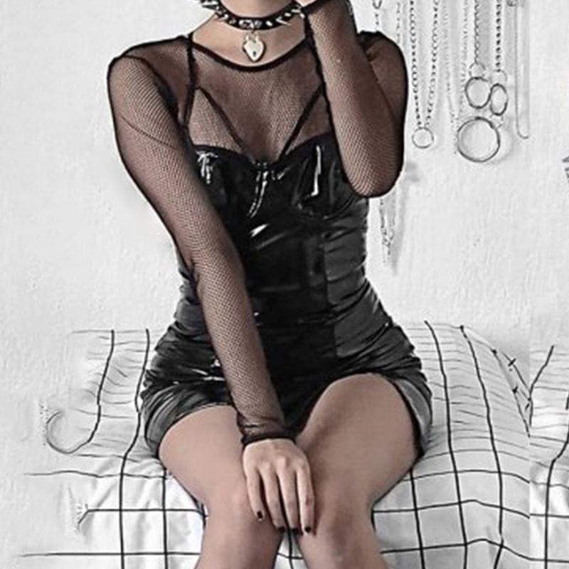 Đầm Dây Mảnh Mini Giả Da Sợi Mì Spaghetti Khoét Rỗng Gợi Cảm Phong Cách Gothic Cho Nữ