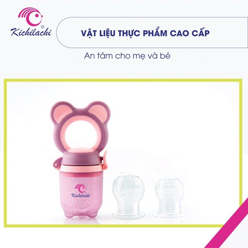 Túi nhai ăn dặm KICHILACHI chống hóc hình gấu,an toàn không BPA, có 3 núm nhai và kẹp xích