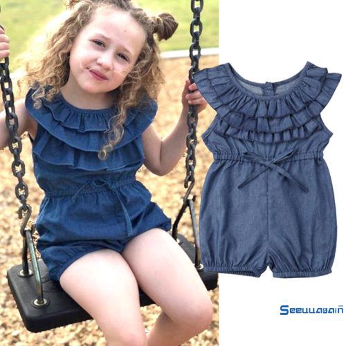 Set áo liền quần denim dễ thương cho bé gái