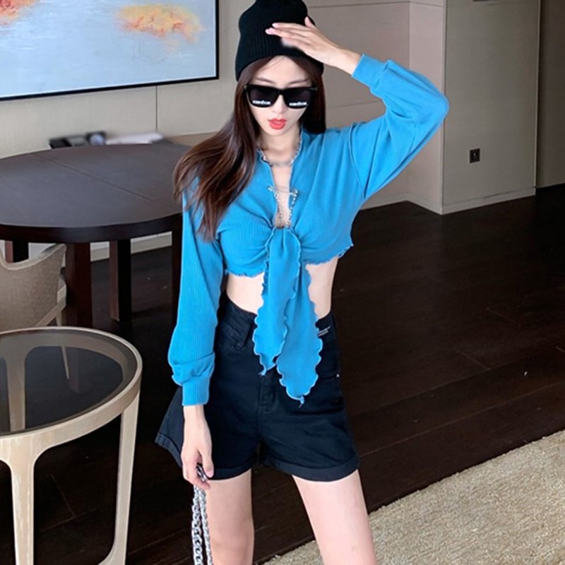 Ladies Sexy V-Neck Long Sleeve Strap Bandage Short Jacket Cardigan