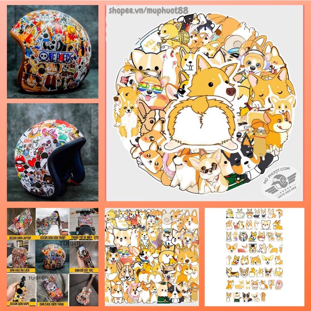 [Set 50 Cái] Bộ Sticker hình chó Corgi dễ thương dán trang trí laptop, mũ bảo hiểm, vali, xe tay ga, ván trượt - MP.053