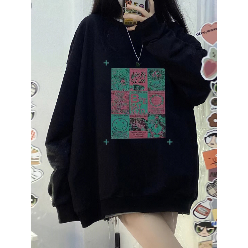 SELVZE Áo sweater cổ tròn dáng rộng in họa tiết thời trang đường phố Mỹ cá tính cho nữ