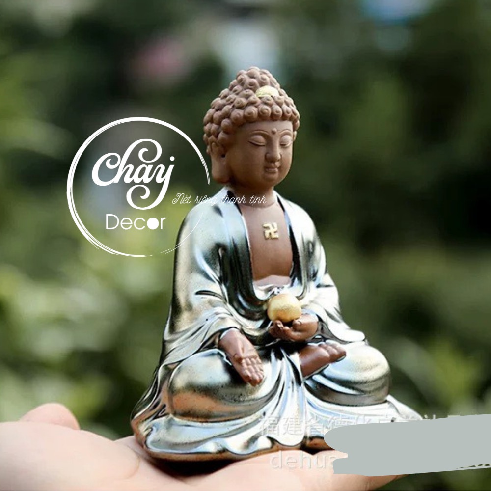 Tượng Phật A Di Đà Xá Ban Phước Bằng Gốm Trang Trí Taplo Xe Ô Tô, Trang Trí Gỗ Lũa, Đèn Led Hào Quang