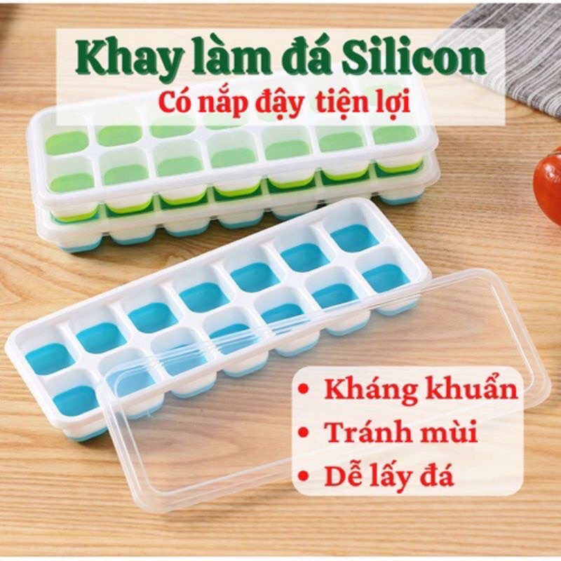 Khay làm đá, thạch Silicon dẻo 14 viên có nắp đậy.