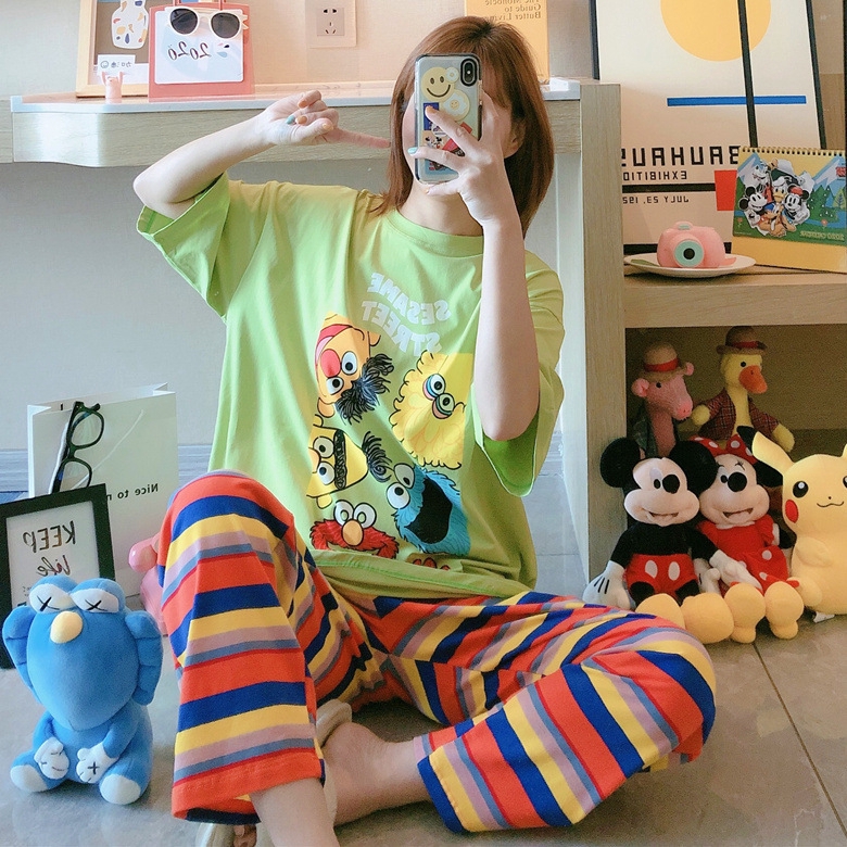 Bộ Đồ Ngủ 2 Mảnh Ngắn Tay In Hình Hoạt Hình Dễ Thương Phong Cách Hàn Quốc Cho Nữ