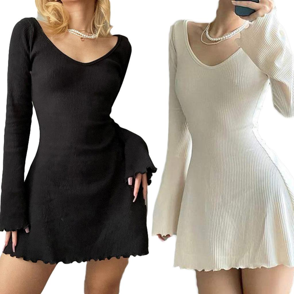 Đầm Dáng Chữ A Tay Dài Cổ Chữ V Màu Trơn Thời Trang Mùa Hè Cho Nữ