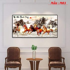 Tranh đồng hồ " Mã đáo thành công" khổ ngang- M03, đồng hồ tráng gương 5D cao cấp, tặng pin, tặng phụ kiện treo.