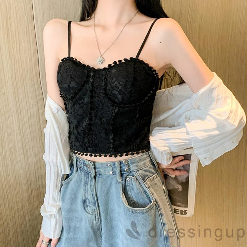 Áo Hai Dây Phối Ren Hoa Màu Trơn Có Đệm Ngực Tháo Rời Màu Đen/Trắng Thời Trang Mùa Hè Cho Nữ