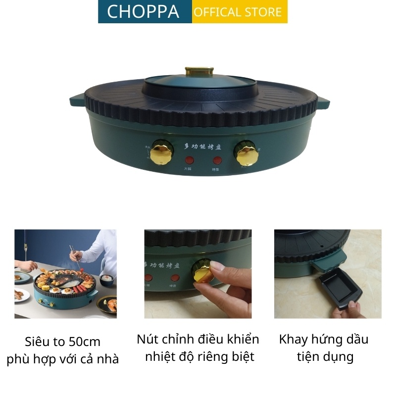 Bếp lẩu nướng, nồi lẩu nướng  2 in 1, 2 ngăn, đa năng, với chức năng vừa lẩu vừa nướng không khói, chống dính siêu bền