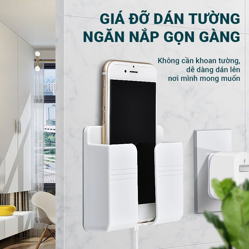 Giá đỡ điện thoại dán tường GJ4 giữ điện thoại cố định khi sạc pin có thể đựng remote tivi/máy lạnh, dễ dàng lắp đặt