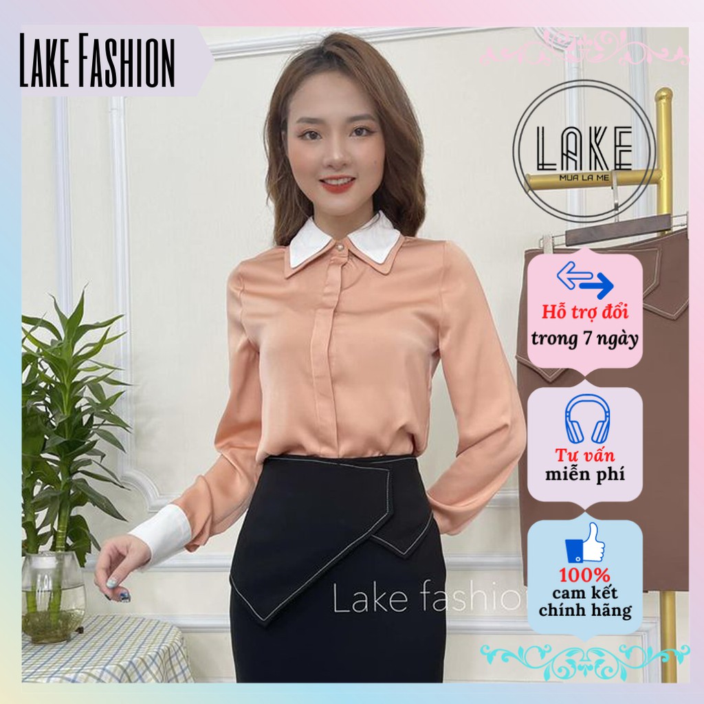 Sơ mi, sơ mi nữ kiểu phối cổ và tay áo trắng thanh lịch Lake Fashion