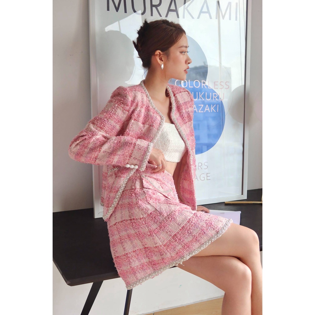 Set áo vest tweet hồng và chân váy chữ A HUONG BOUTIQUE HBVEST133 | BigBuy360 - bigbuy360.vn