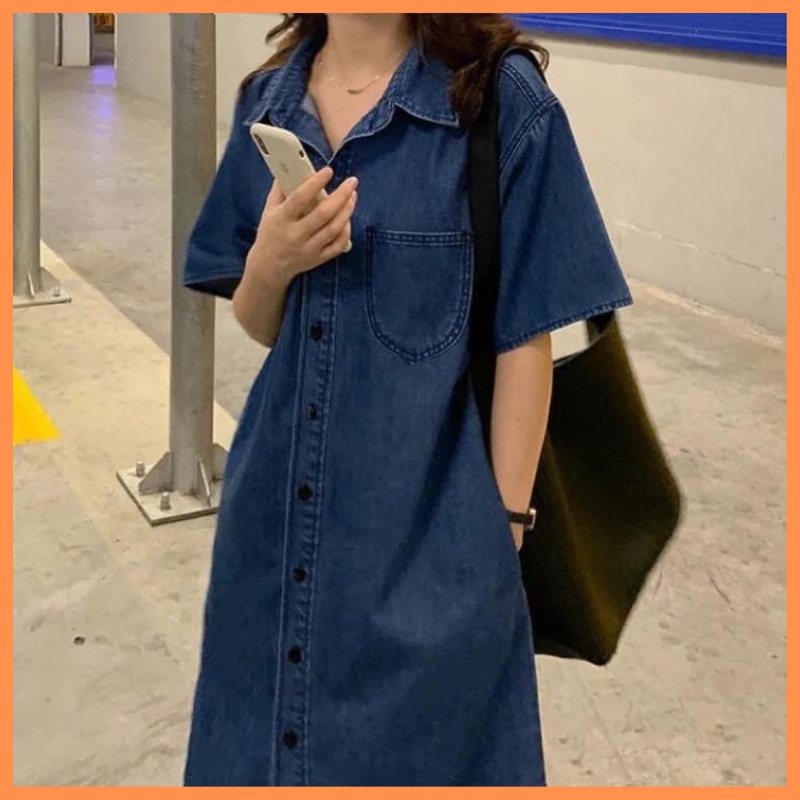 Váy đầm sơ mi jean ngắn tay cổ đức phối túi ngực vạt bầu dáng suông chất bò dày dặn phong cách hàn quốc ULZZANG MÂY_1989
