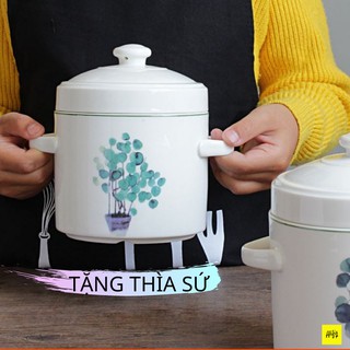 Thố chưng yến, hũ chưng yến bằng sứ 450ml & 850ml họa tiết cây lá nhiệt đới