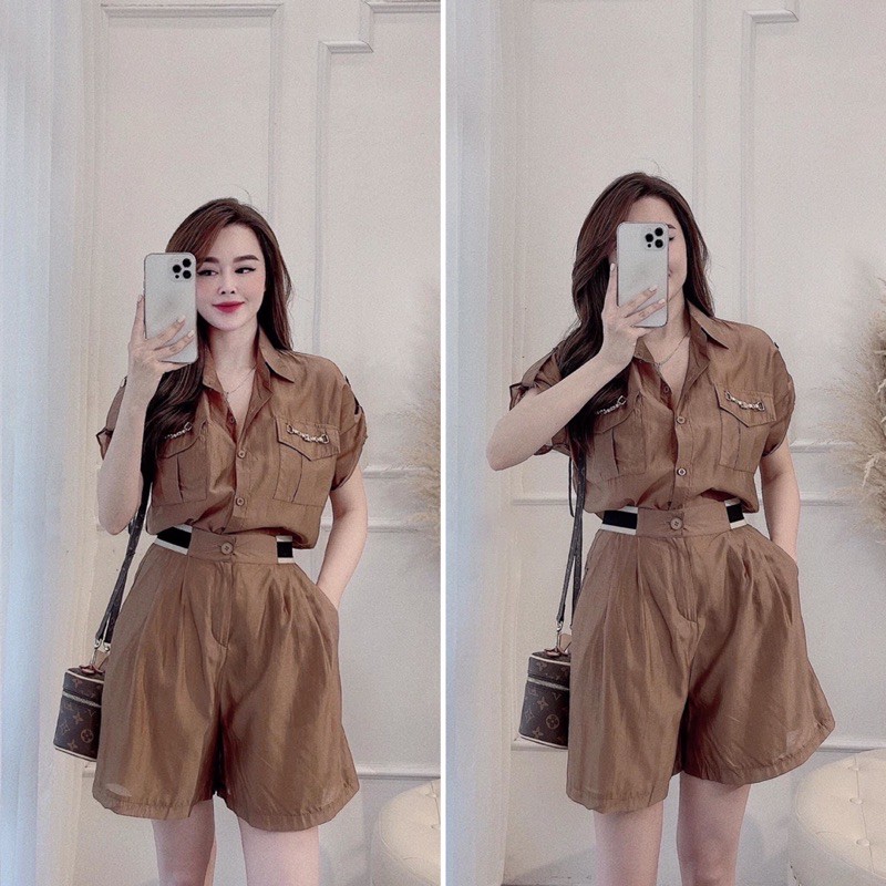 S525 Set Áo Kiểu Tay Lỡ May Túi Hộp Phối Quần Short Cạp Chun In Hoạ Tiết