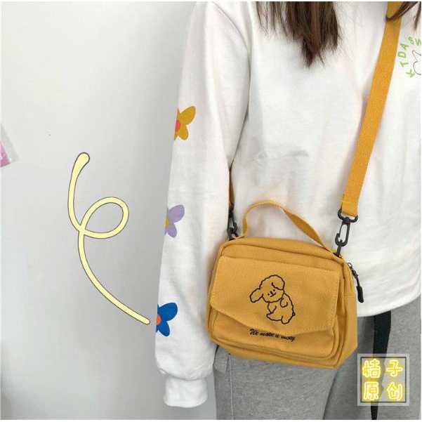 Túi đeo chéo bằng canvas thêu hình chú chó đáng yêu phong cách Harajuku Nhật Bản