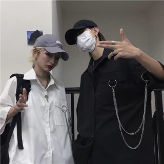 Áo sơ mi tay lỡ túi hộp phối dây xích cực ngầu 2 màu đen trắng unisex