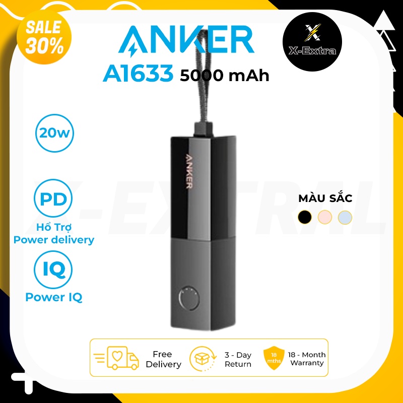 Củ sạc Anker A1633 thỏi son kiêm sạc dự phòng 5000mAh cổng USB-C (Type-C) sạc nhanh 20W bảo hành 12 tháng